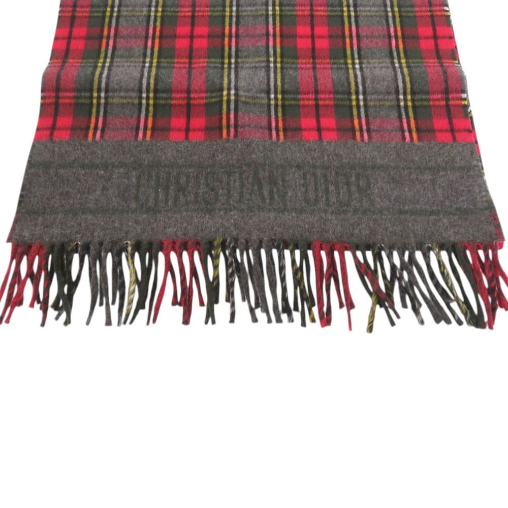 Dior Christian Check Wool Red Large Muffler Shawl Scarf — view 3