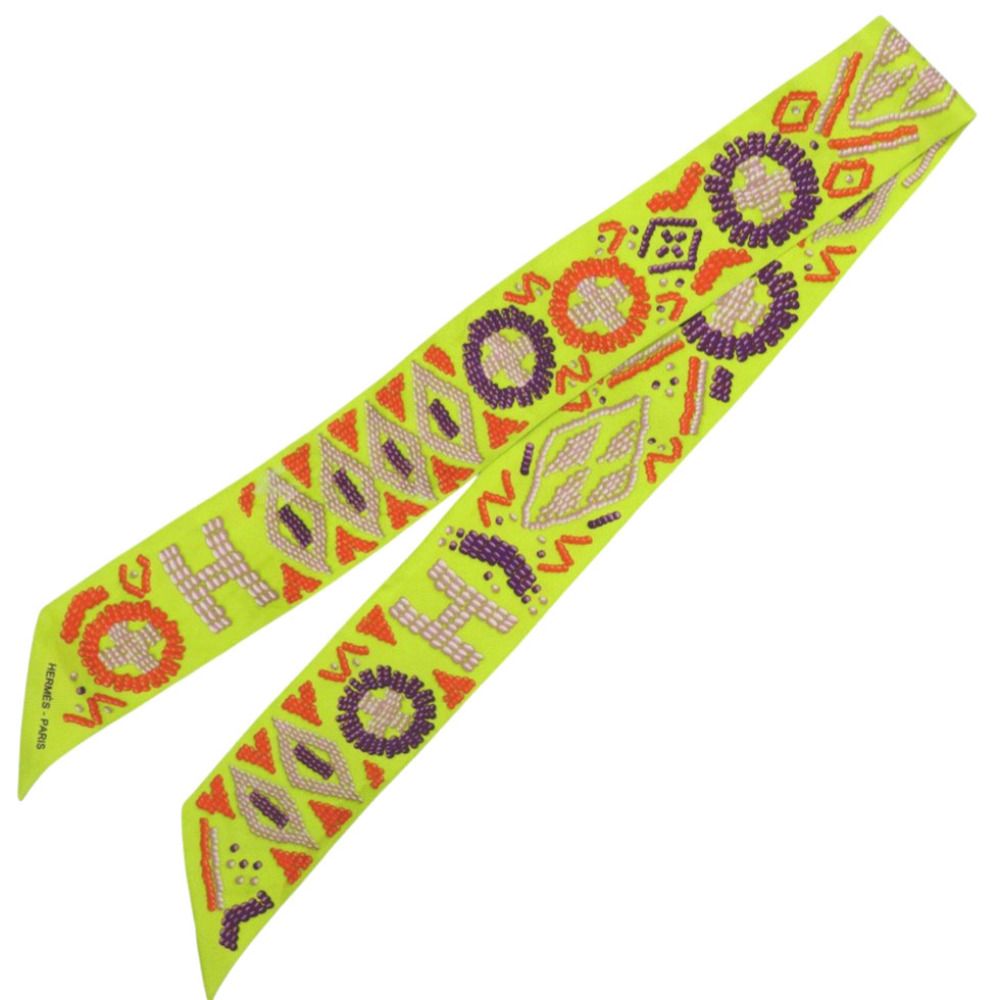 Hermes Twilly Kelly en Perles Logo Silk Yellow Purple Orange Scarf — view 3