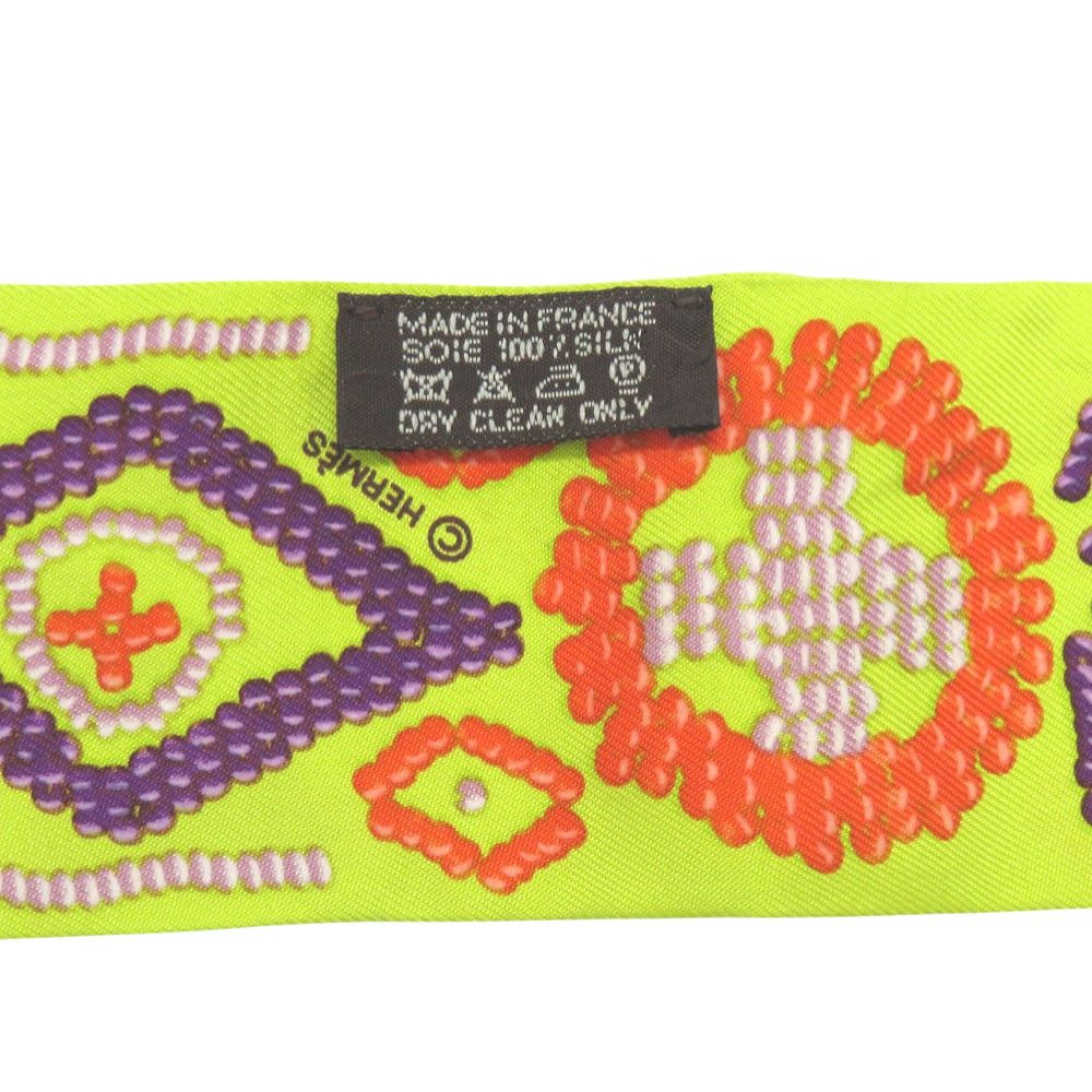 Hermes Twilly Kelly en Perles Logo Silk Yellow Purple Orange Scarf — view 4