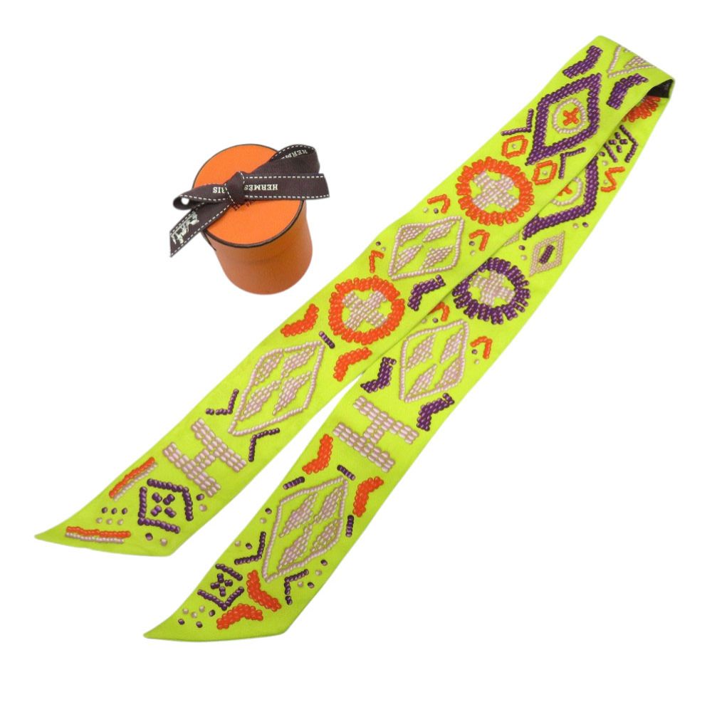 Hermes Twilly Kelly en Perles Logo Silk Yellow Purple Orange Scarf — view 2