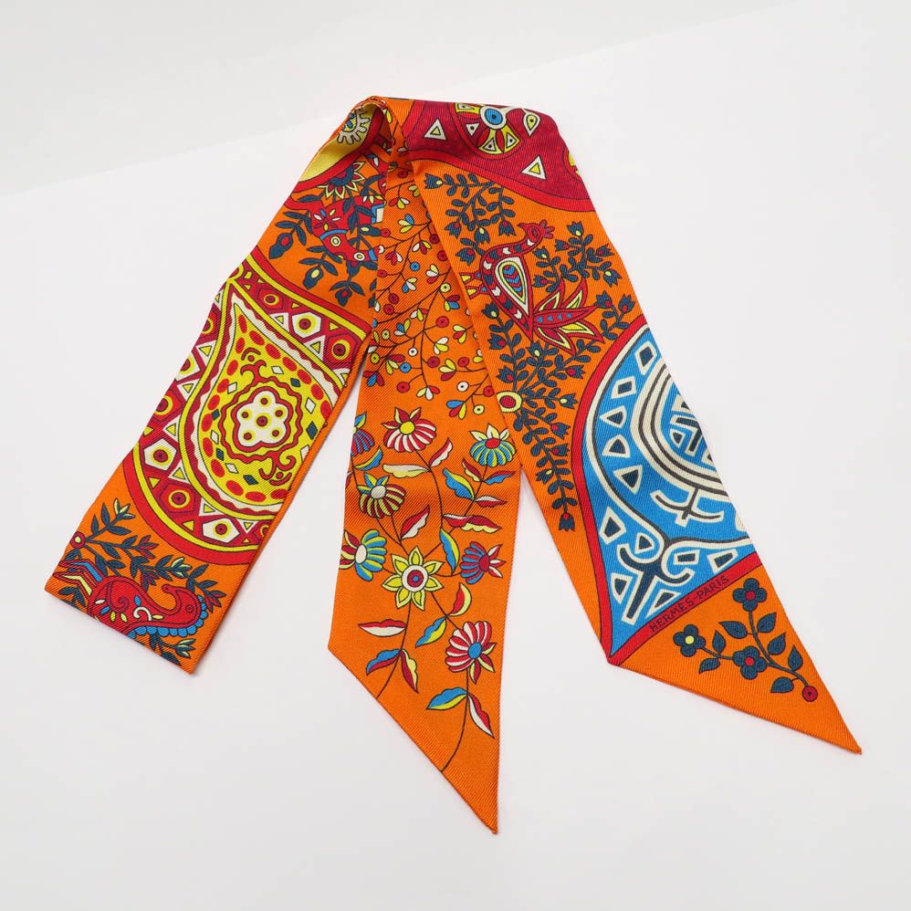 Hermes Twilly Tree of Life L'arbre de Vie Scarf Silk Orange Multicolor — view 3