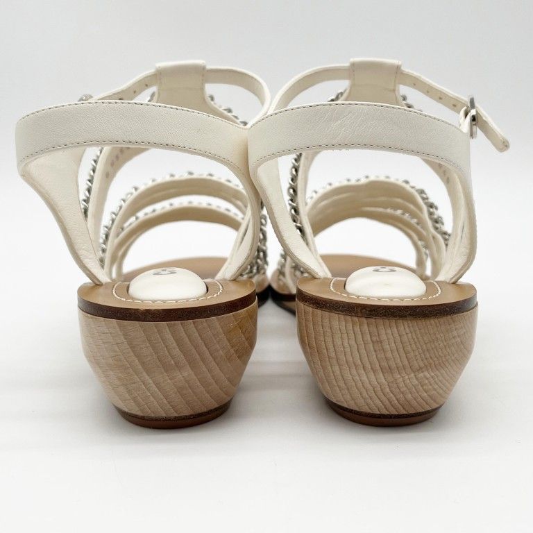 Chanel Sandals CC Logo White Leather Wood Strap Chain Silver — view 3