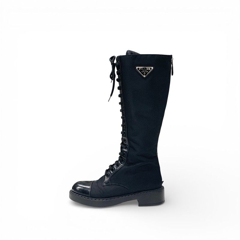 Prada Boots Long Shoes Nylon Brushed Leather Black Re-Nylon Triangle Logo — view 3