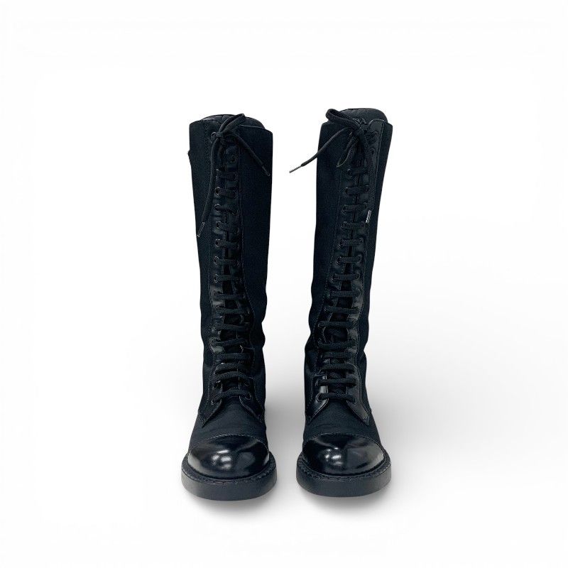 Prada Boots Long Shoes Nylon Brushed Leather Black Re-Nylon Triangle Logo — view 2