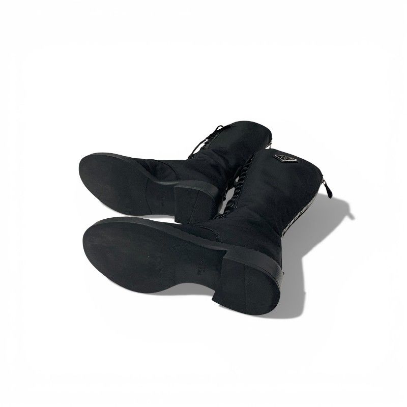 Prada Boots Long Shoes Nylon Brushed Leather Black Re-Nylon Triangle Logo — view 6