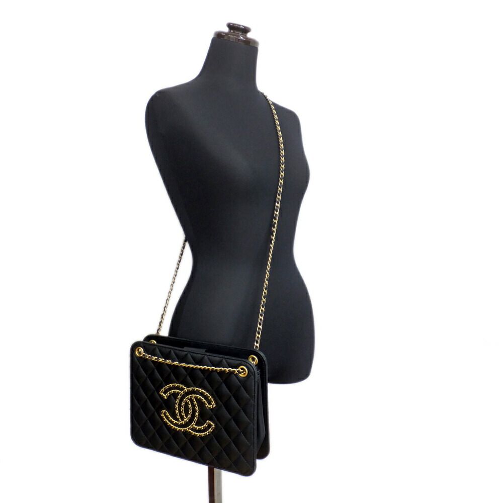 Chanel Accordion Black CC Logo Chain Shoulder Bag Lambskin — view 8