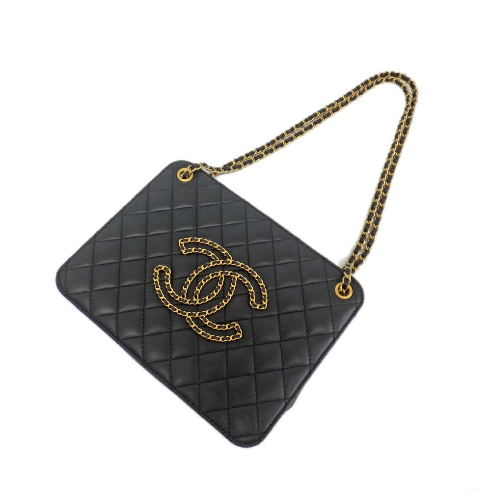 Chanel Accordion Black CC Logo Chain Shoulder Bag Lambskin — view 9