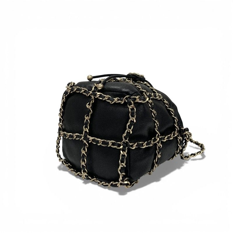 Chanel Shoulder Bag Black Gold CC Logo Chain Back Drawstring — view 4
