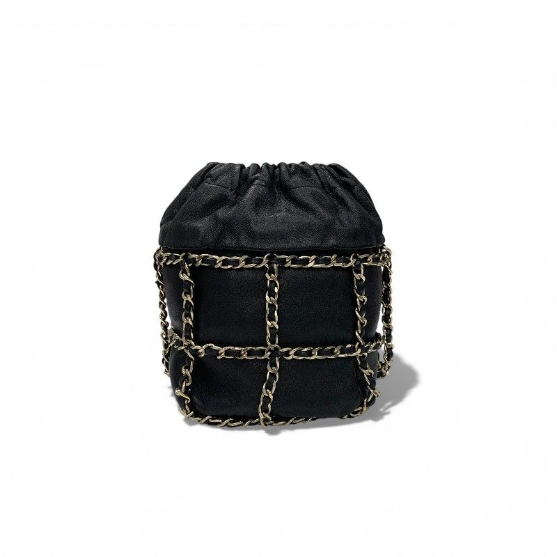 Chanel Shoulder Bag Black Gold CC Logo Chain Back Drawstring — view 3
