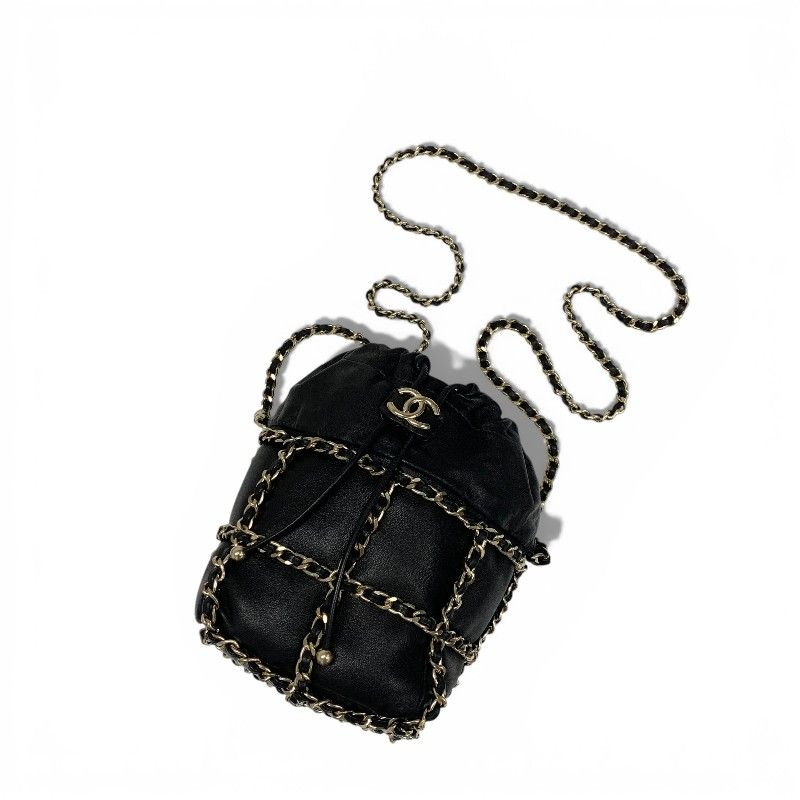 Chanel Shoulder Bag Black Gold CC Logo Chain Back Drawstring — view 5