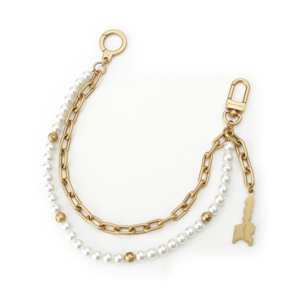 Louis Vuitton Logo Pearl Chain Belt Bag Charm Gold White — view 2