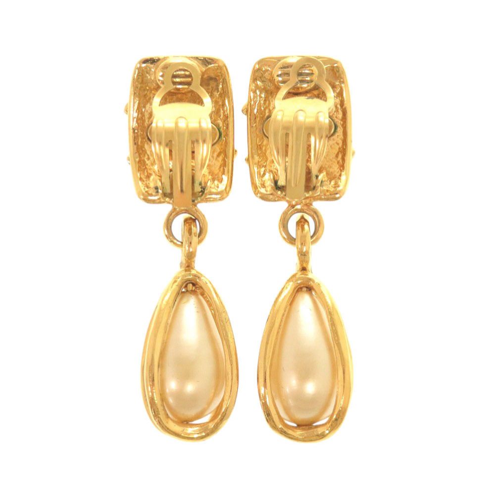 Chanel Vintage CC Logo Metal Faux Pearl Gold Earrings — view 2