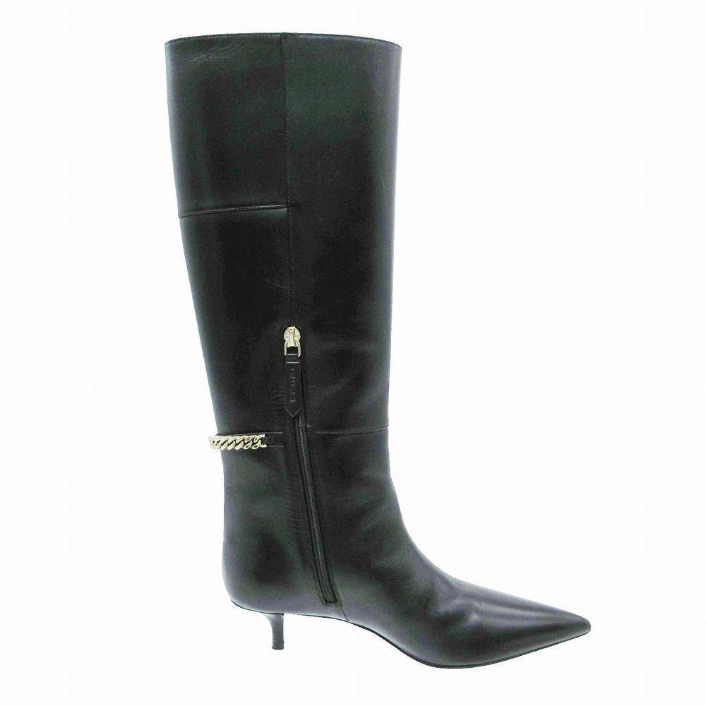 Gucci Long Boots Pointed Toe Gold Chain Logo Low Heel 35.5 — view 2