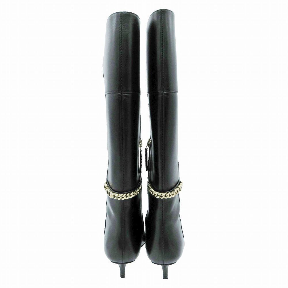 Gucci Long Boots Pointed Toe Gold Chain Logo Low Heel 35.5 — view 4