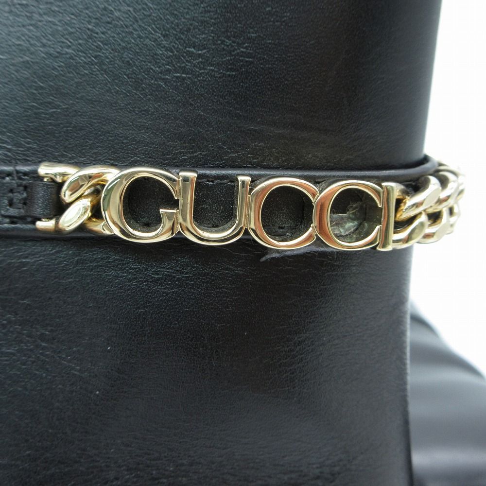 Gucci Long Boots Pointed Toe Gold Chain Logo Low Heel 35.5 — view 8