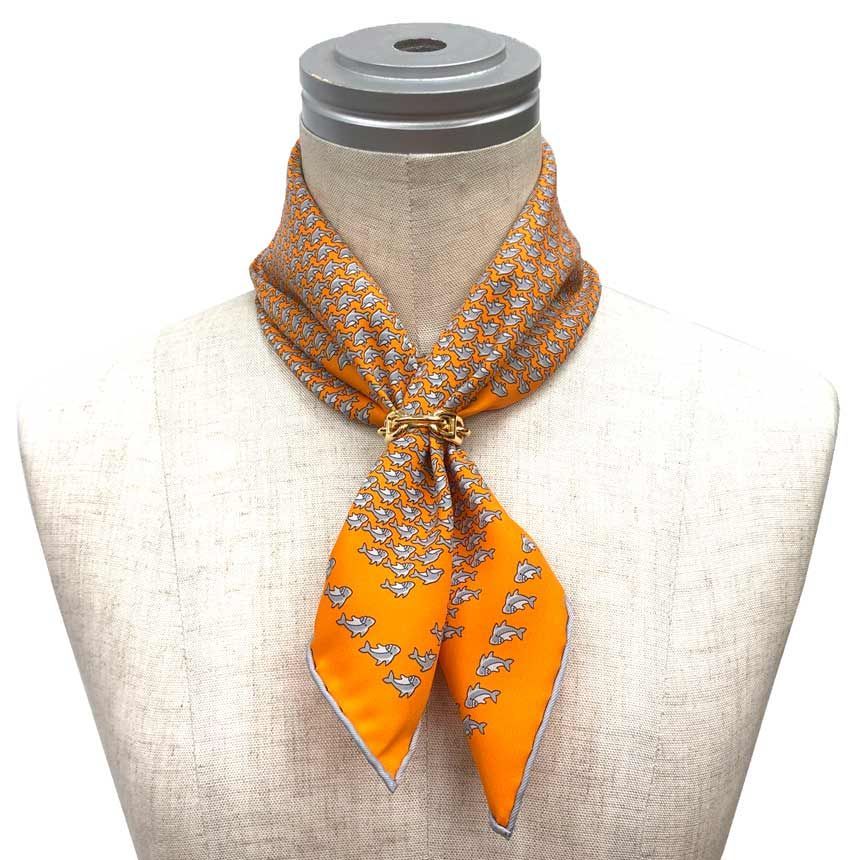 Hermes Pocket Chief Scarf Pochette Twill Carre Dolphin Shark Silk Orange — view 2