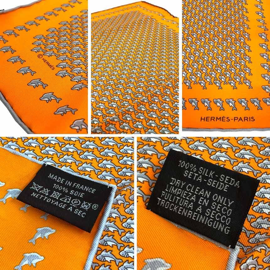 Hermes Pocket Chief Scarf Pochette Twill Carre Dolphin Shark Silk Orange — view 3