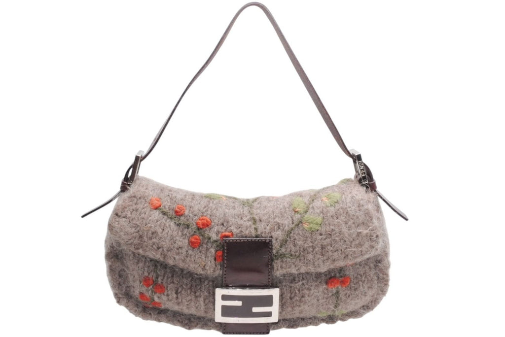Fendi Mamma Baguette Bag Wool Leather Brown Embroidery Silver