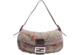 Fendi Mamma Baguette Bag Wool Leather Brown Embroidery Silver
