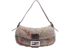 Fendi Mamma Baguette Bag Wool Leather Brown Embroidery Silver