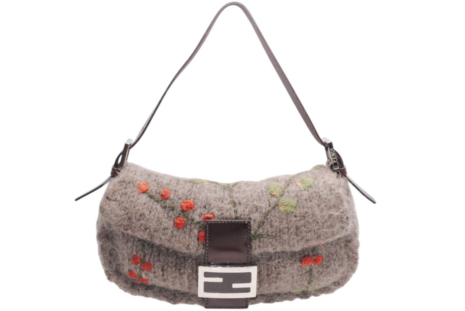 Fendi Mamma Baguette Bag Wool Leather Brown Embroidery Silver