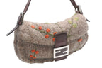 Fendi Mamma Baguette Bag Wool Leather Brown Embroidery Silver — view 4