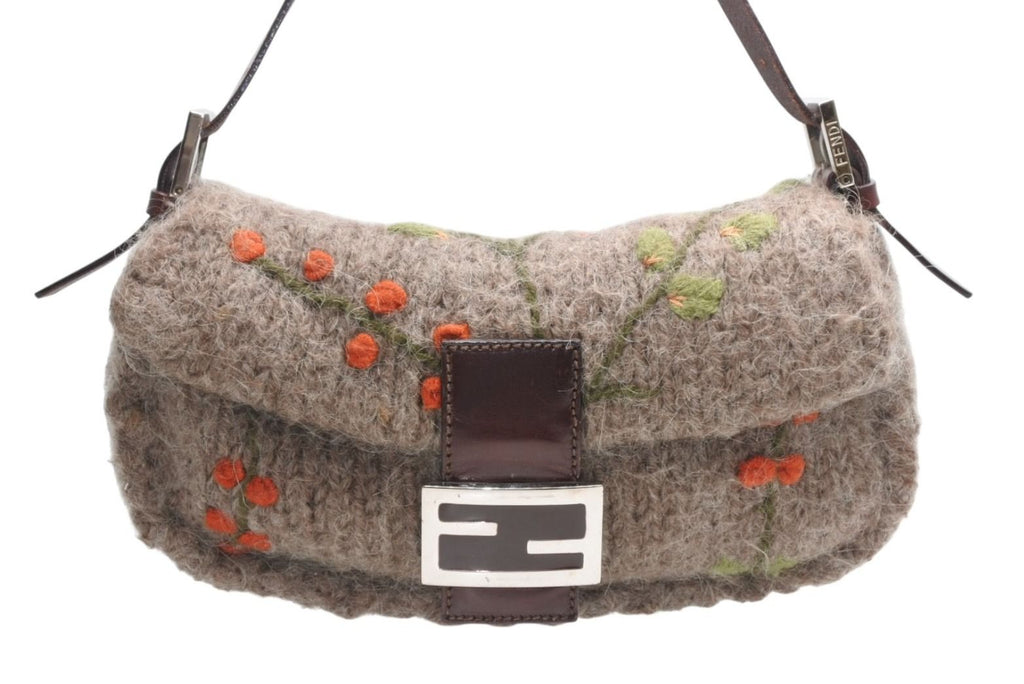 Fendi Mamma Baguette Bag Wool Leather Brown Embroidery Silver — view 2