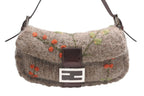 Fendi Mamma Baguette Bag Wool Leather Brown Embroidery Silver — view 2