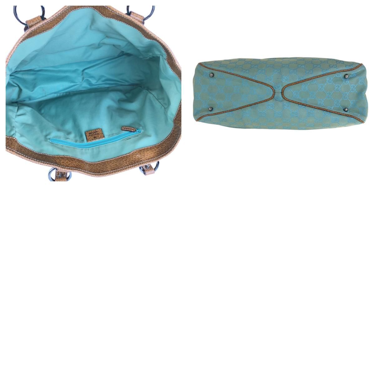 Gucci Light Blue Brown GG Canvas Leather Tote Shoulder Bag — view 9