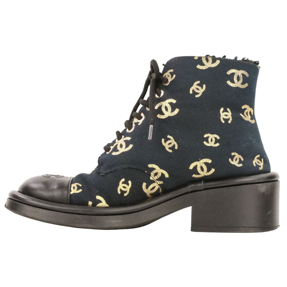 Chanel CC Logo Print Canvas Lamfa Short Boots 37 Black — view 3