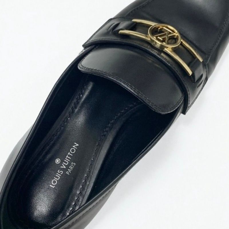 Louis Vuitton Upper Case Line Loafers Leather Shoes Black Gold LV Logo — view 8