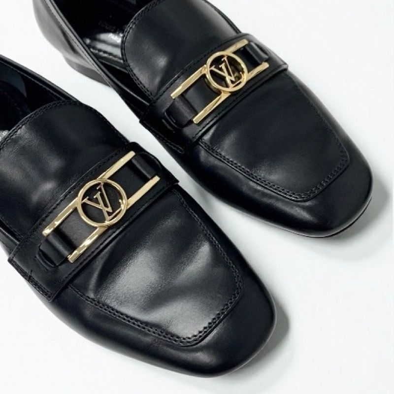 Louis Vuitton Upper Case Line Loafers Leather Shoes Black Gold LV Logo — view 9