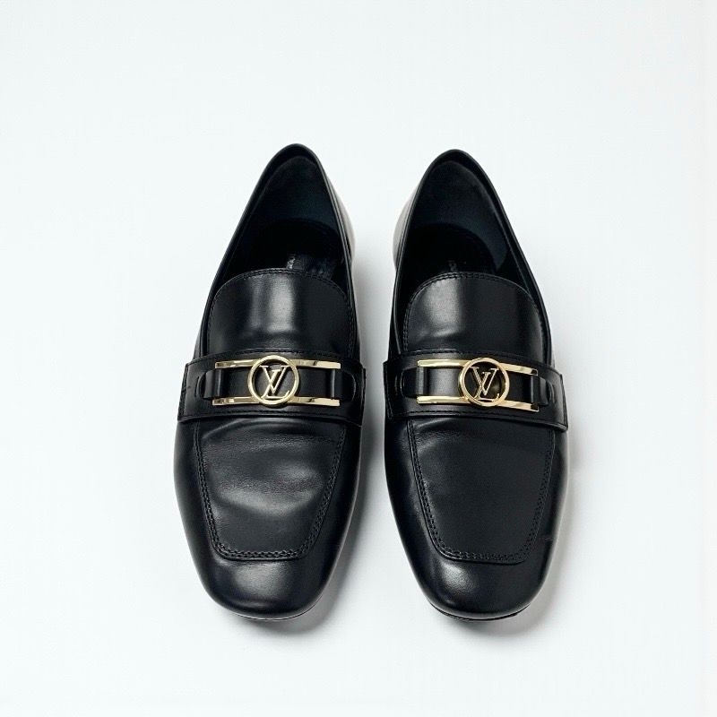 Louis Vuitton Upper Case Line Loafers Leather Shoes Black Gold LV Logo — view 2