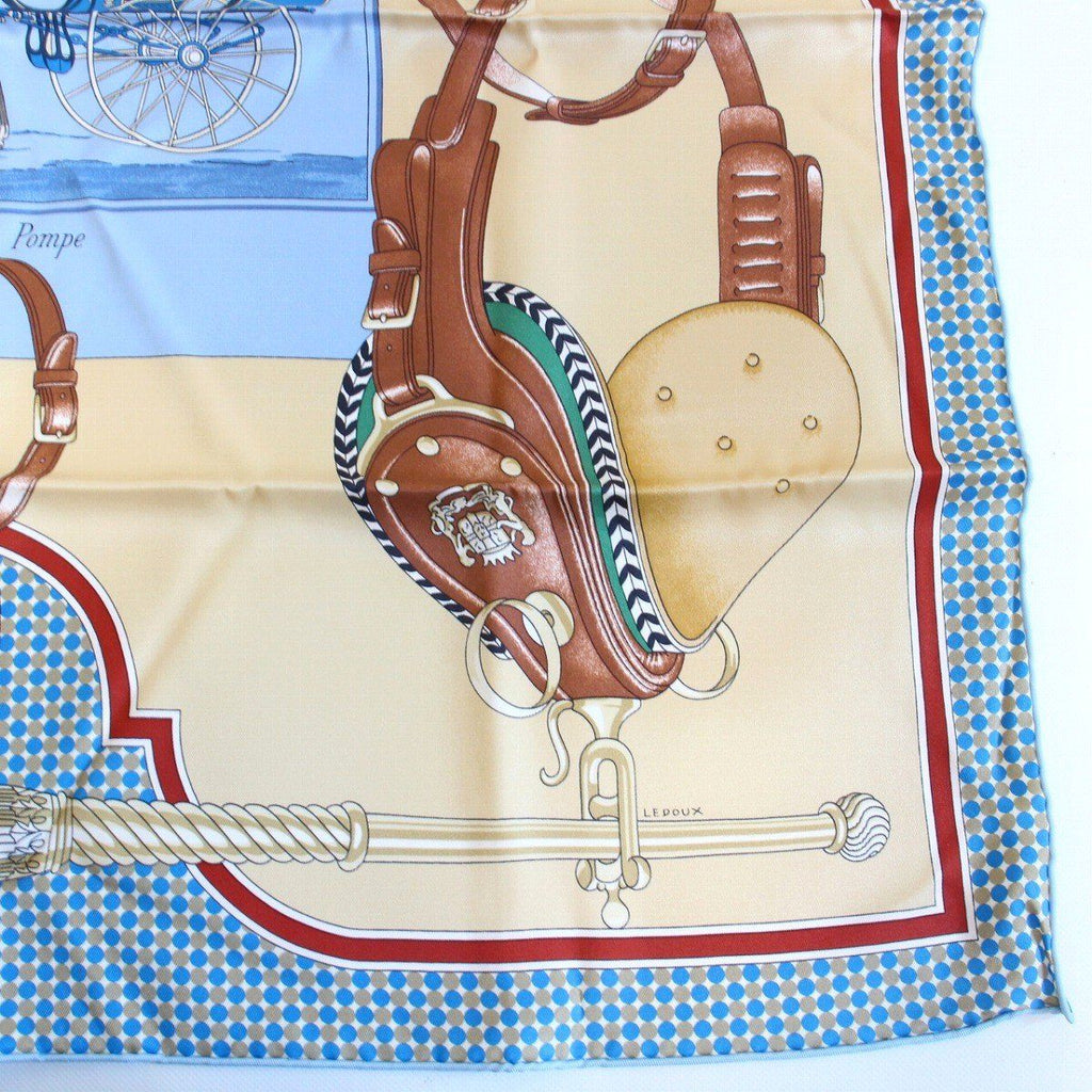 Hermes Carre 70 Scarf Carrick a Pompe Horse Tack Pattern Silk Blue Beige — view 5