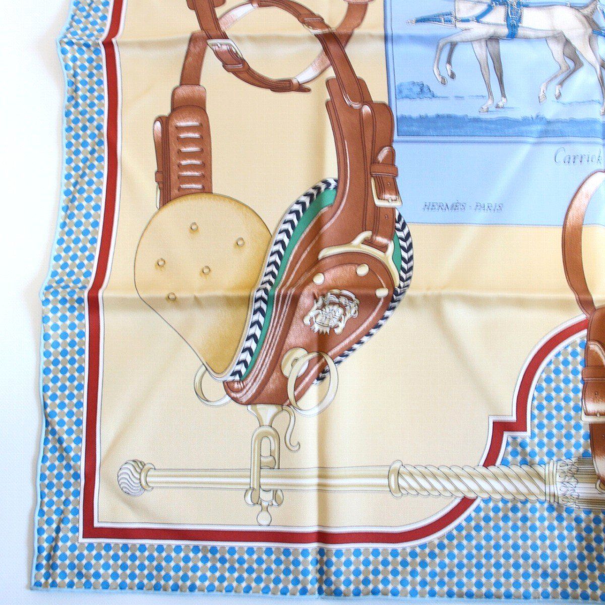 Hermes Carre 70 Scarf Carrick a Pompe Horse Tack Pattern Silk Blue Beige — view 4