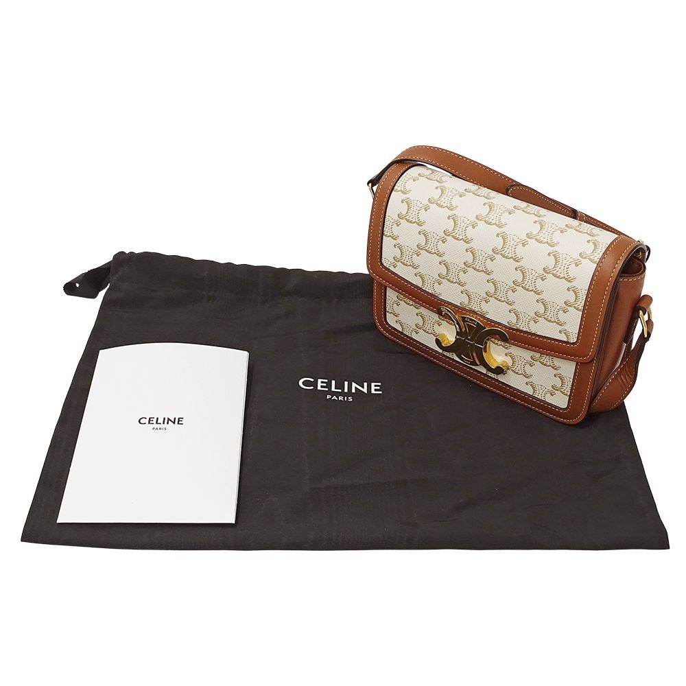 Celine Shoulder Bag Teen Triomphe Canvas White Brown Mini — view 7