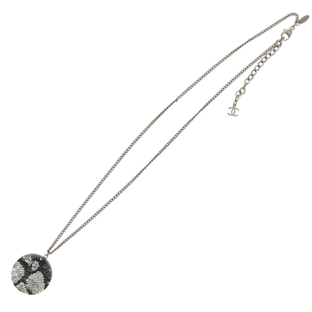 Chanel CC Logo Lace Faux Pearl Stone Resin Necklace Silver Black — view 3