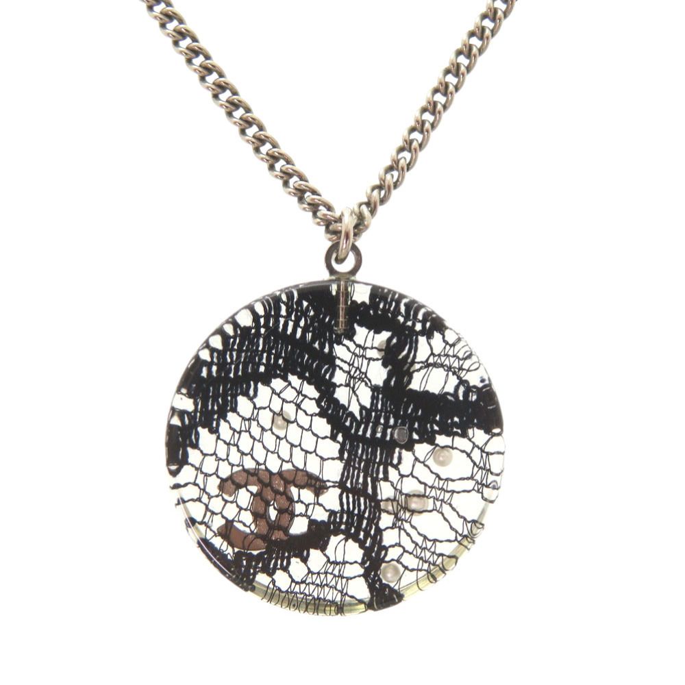 Chanel CC Logo Lace Faux Pearl Stone Resin Necklace Silver Black — view 2