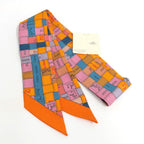 Hermes Twilly Bolduc Check Silk Orange Multicolor Scarf — view 7