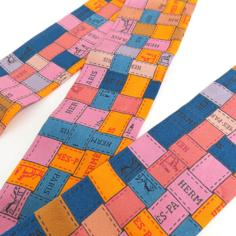 Hermes Twilly Bolduc Check Silk Orange Multicolor Scarf — view 6