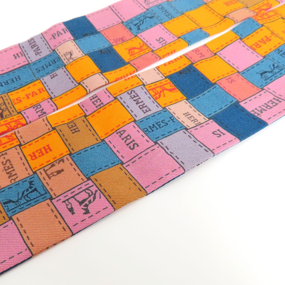 Hermes Twilly Bolduc Check Silk Orange Multicolor Scarf — view 4