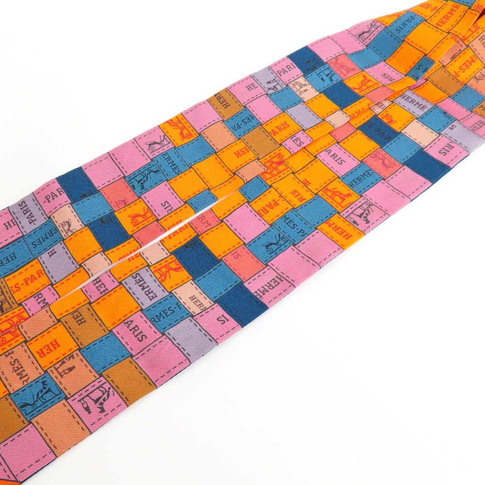 Hermes Twilly Bolduc Check Silk Orange Multicolor Scarf — view 3