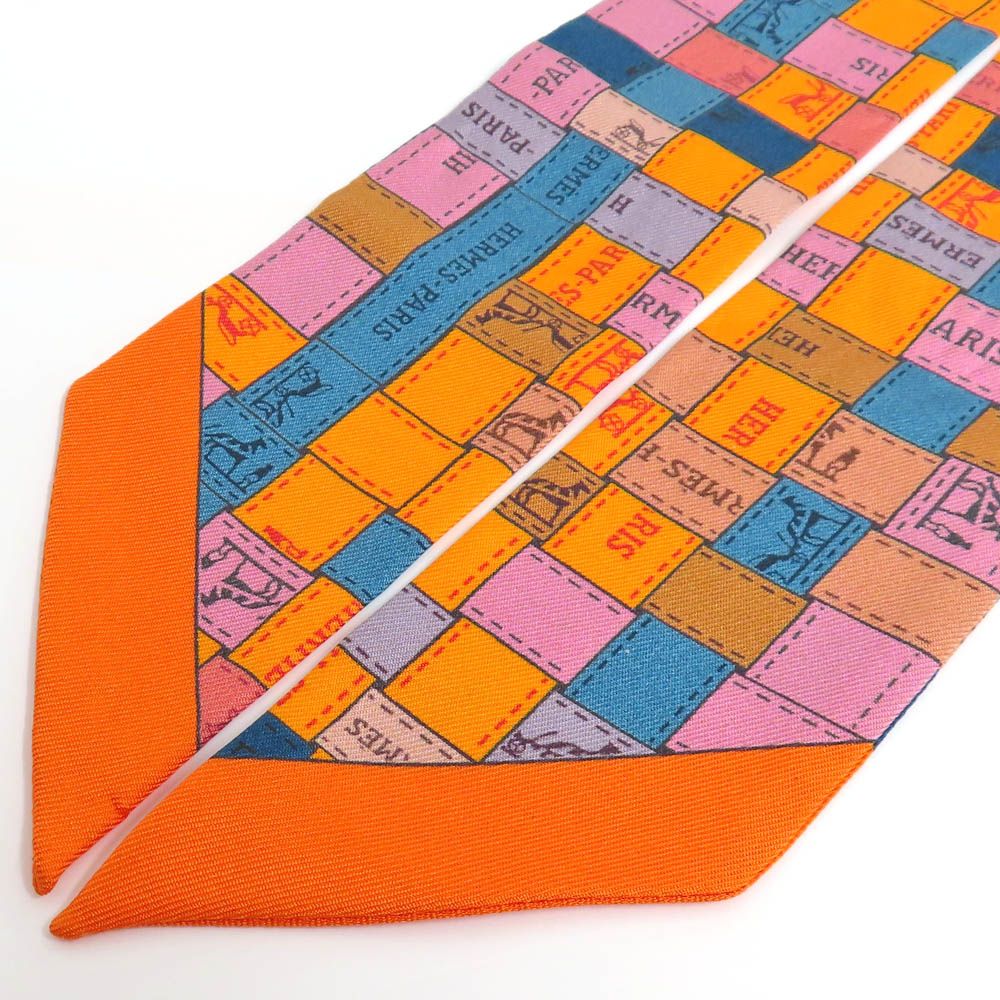 Hermes Twilly Bolduc Check Silk Orange Multicolor Scarf — view 2