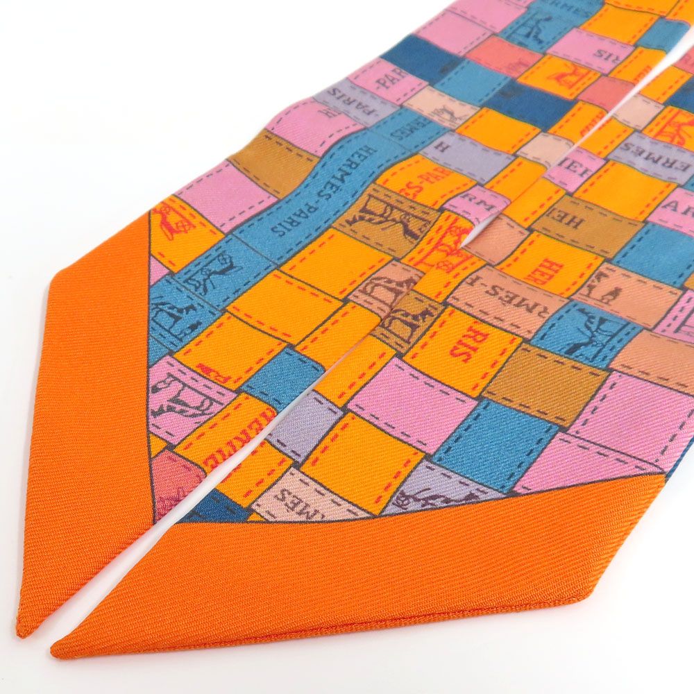 Hermes Twilly Bolduc Check Silk Orange Multicolor Scarf — view 2
