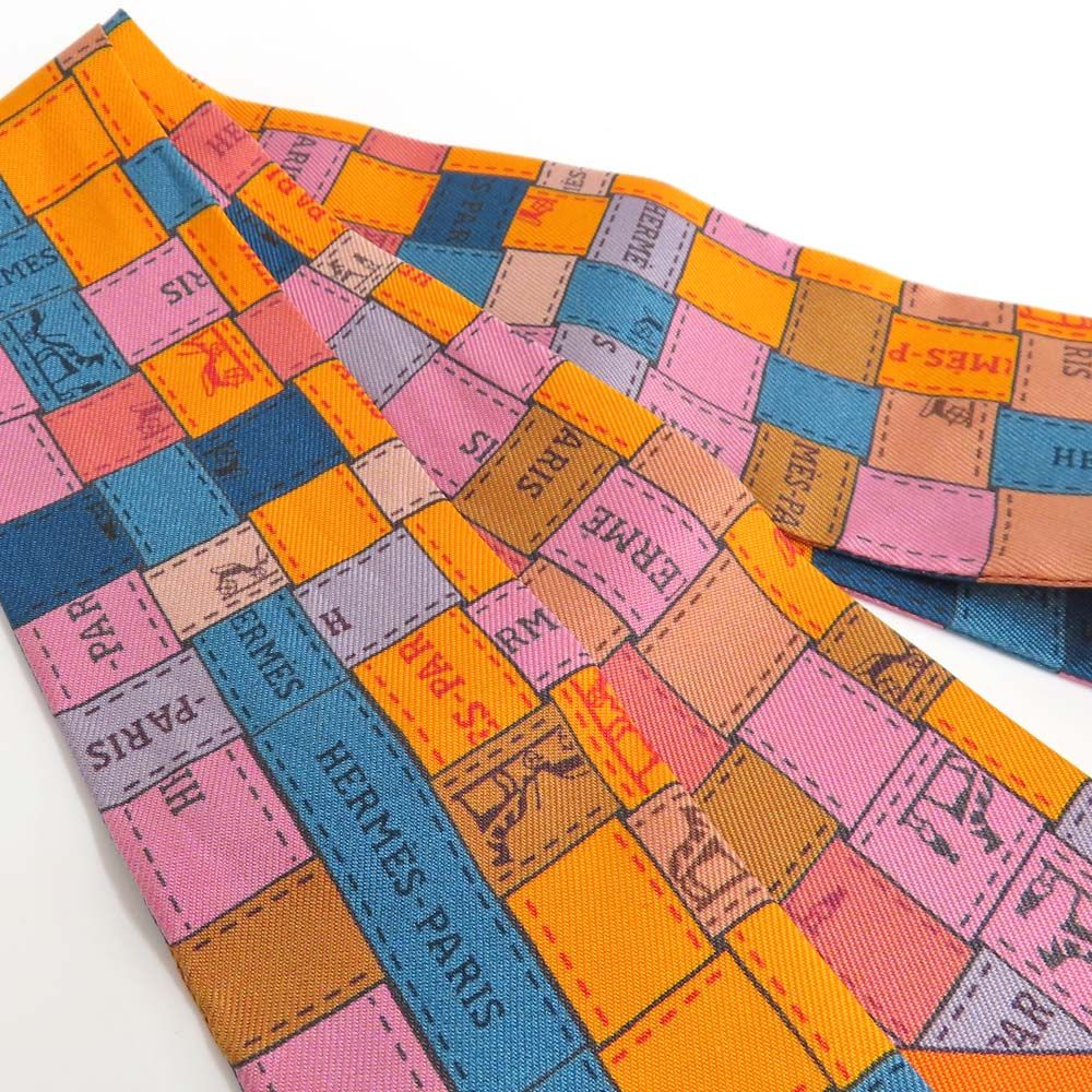 Hermes Twilly Bolduc Check Silk Orange Multicolor Scarf — view 5
