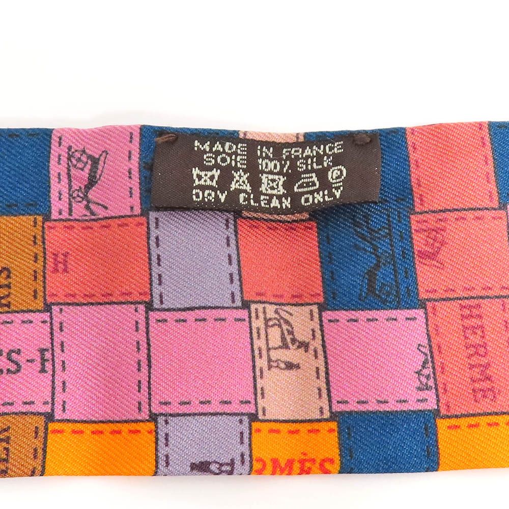 Hermes Twilly Bolduc Check Silk Orange Multicolor Scarf — view 4