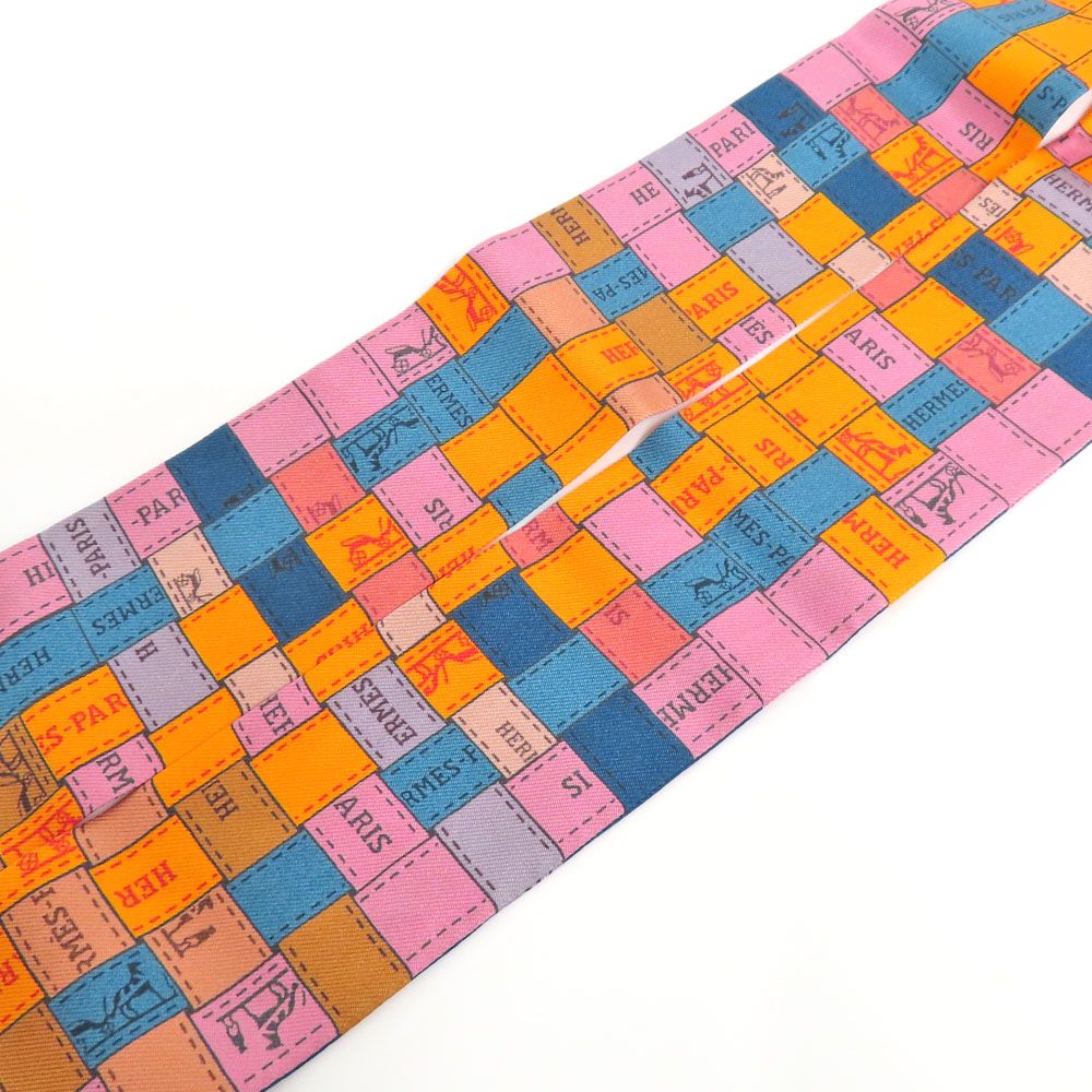 Hermes Twilly Bolduc Check Silk Orange Multicolor Scarf — view 3