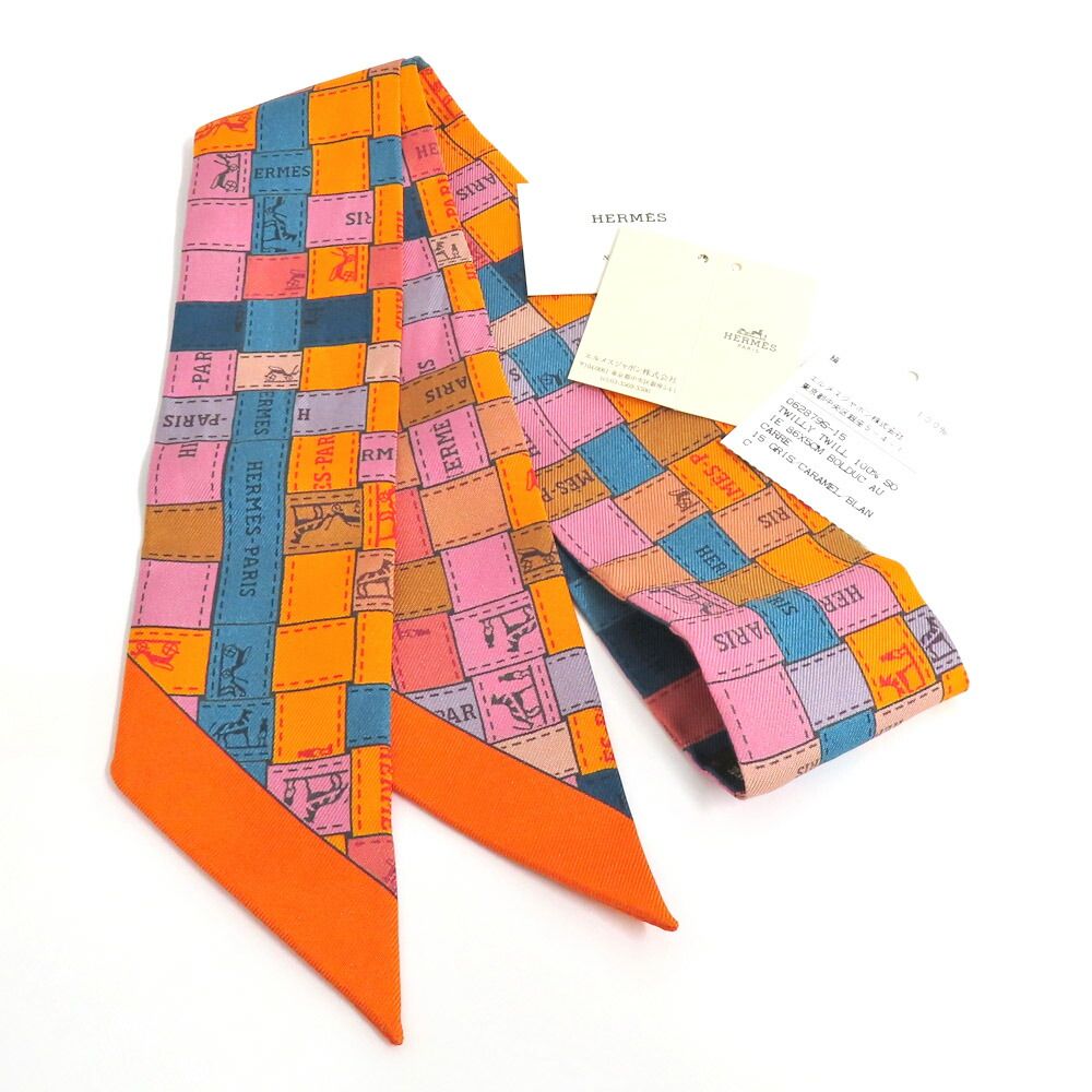 Hermes Twilly Bolduc Check Silk Orange Multicolor Scarf — view 6