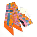 Hermes Twilly Bolduc Check Silk Orange Multicolor Scarf — view 6