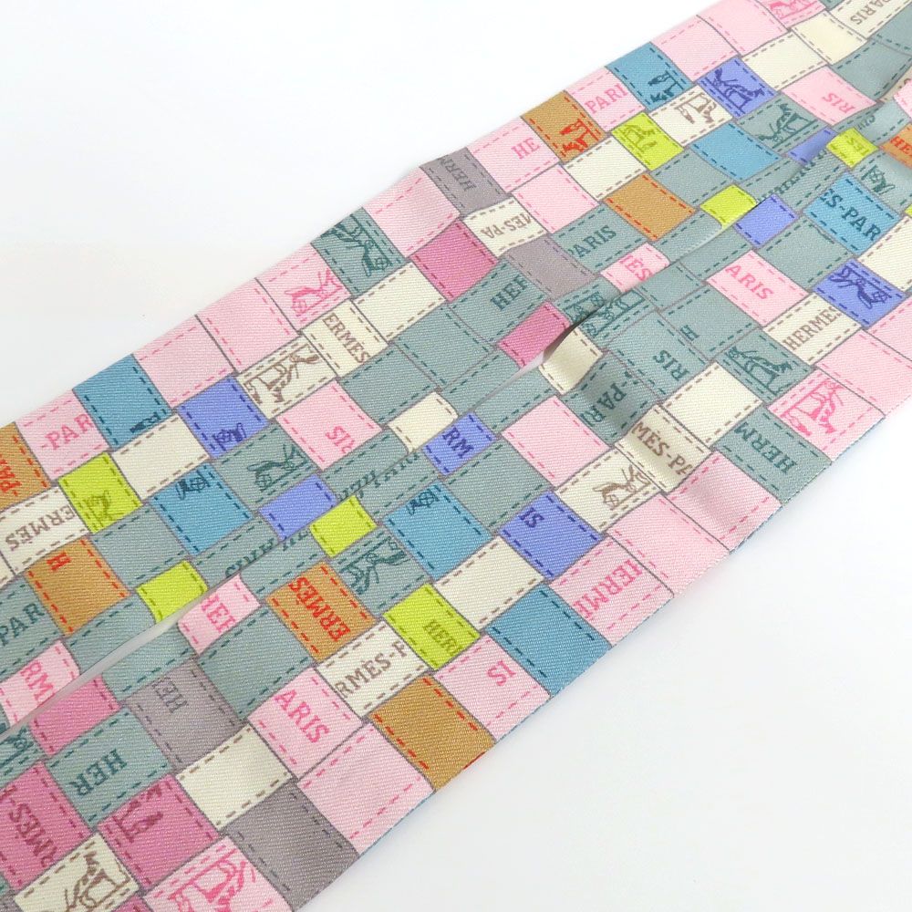 Hermes Twilly Bolduc Check Silk Gray Multicolor Pastel — view 3